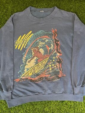 Vintage 80s 1989 Static Shok Surfer Graphic Crewneck Sweatshirt Mens Medium